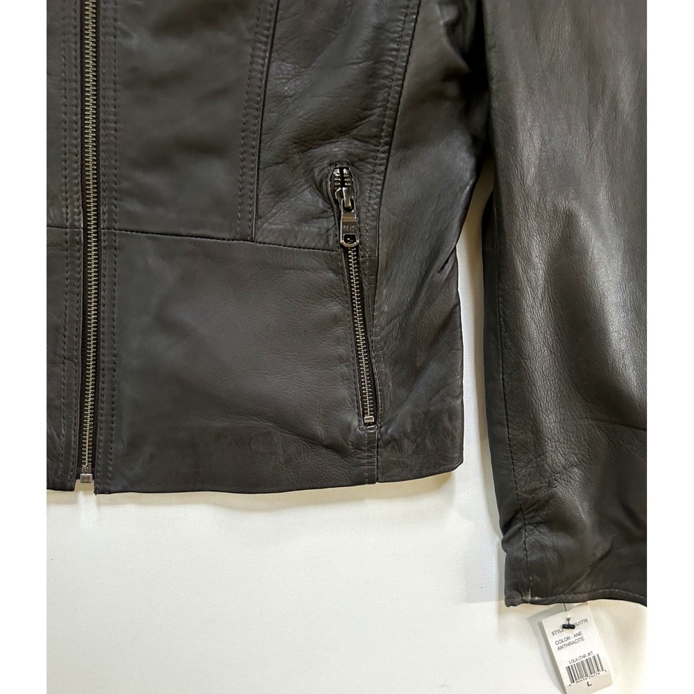 NWT Marc New York Andrew Marc Moto Mob Wife Grey Leather Jacket Size L - Picture 9 of 16